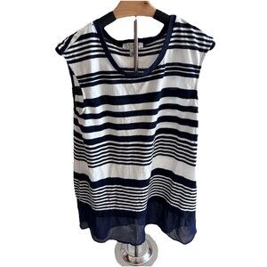 Women's Chaus Navy & White Striped Sleeveless Blouse - Size M - Sheer Ruffle Hem